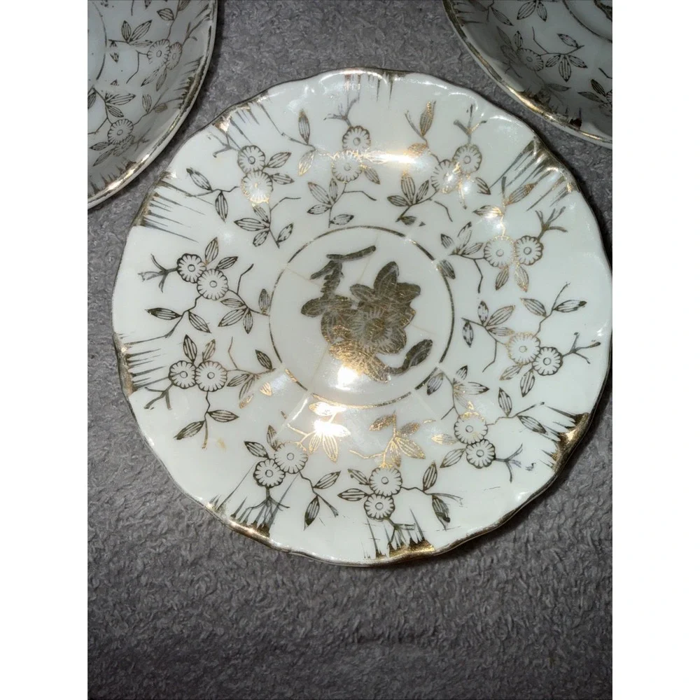 1930's Sterling China Japan Demitasse Gold & White 3 Saucers Only Vintage